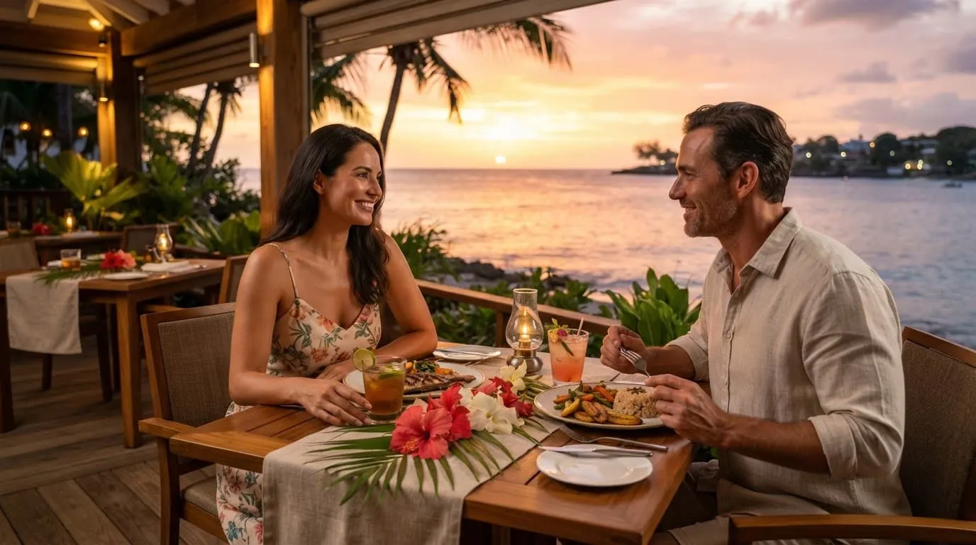 A couple enjoys dinner and drinks overlooking the Caribbean at sunset in Barbados.