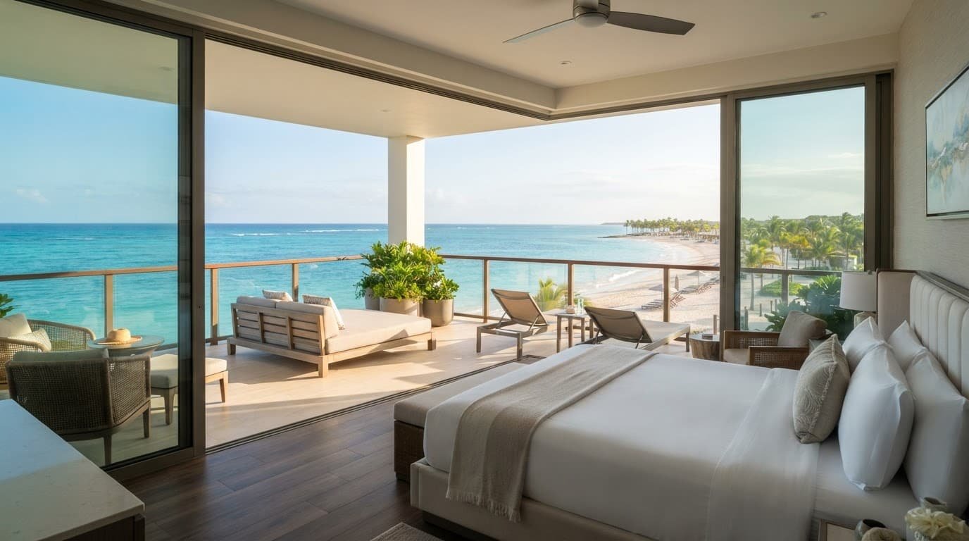 A resort suite opens to a balcony overlooking turquoise water and white sand.