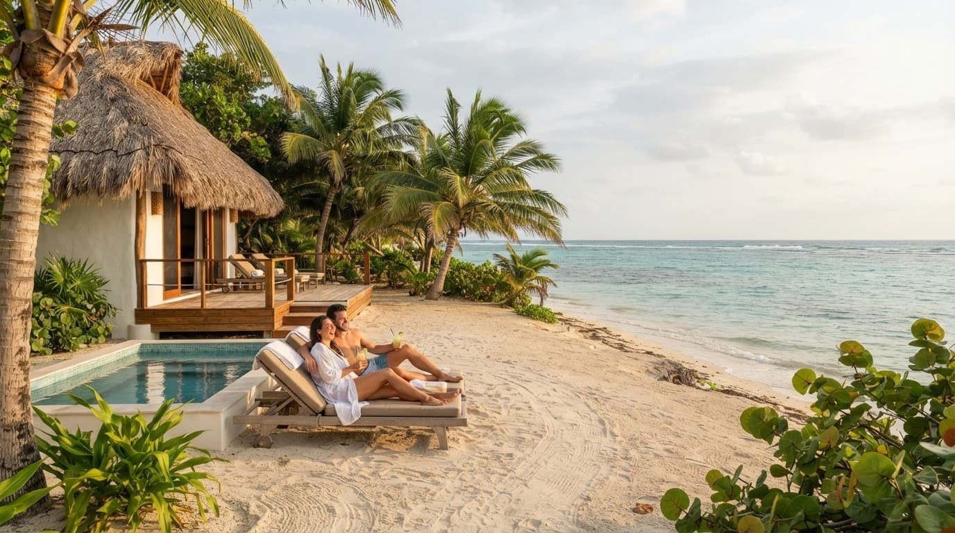 A couple relaxes beside a cabana and plunge pool near a pier on a quiet beach on Ambergris Caye.