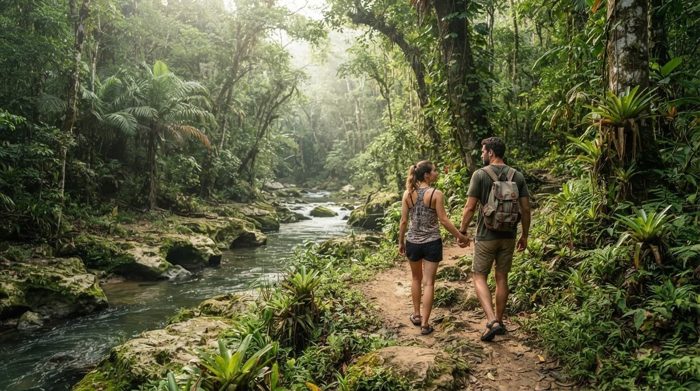 A couple hikes beside a river through Belize rainforest.