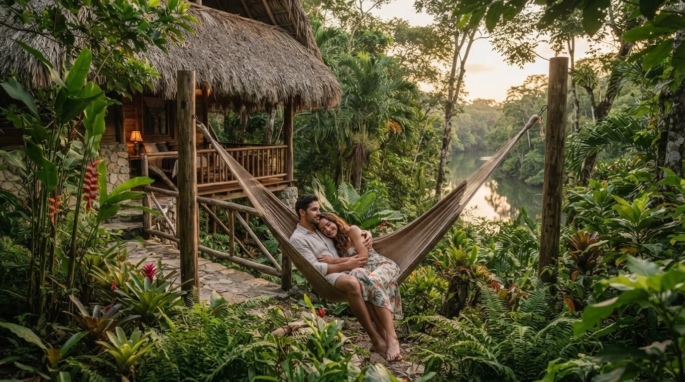A couple relaxes in a hammock beside a thatched-roof lodge in a lush rainforest.
