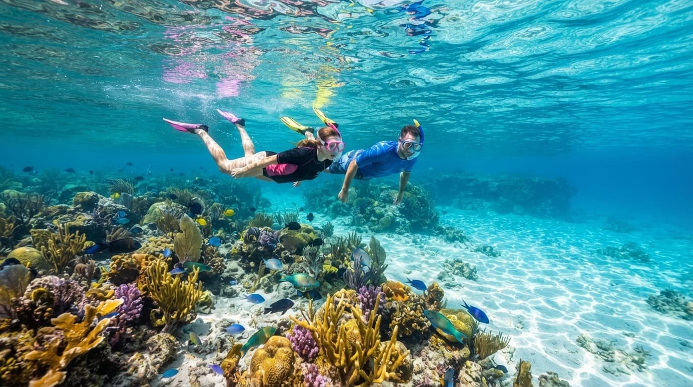 Two snorkelers swim above a colorful coral reef in clear turquoise water.
