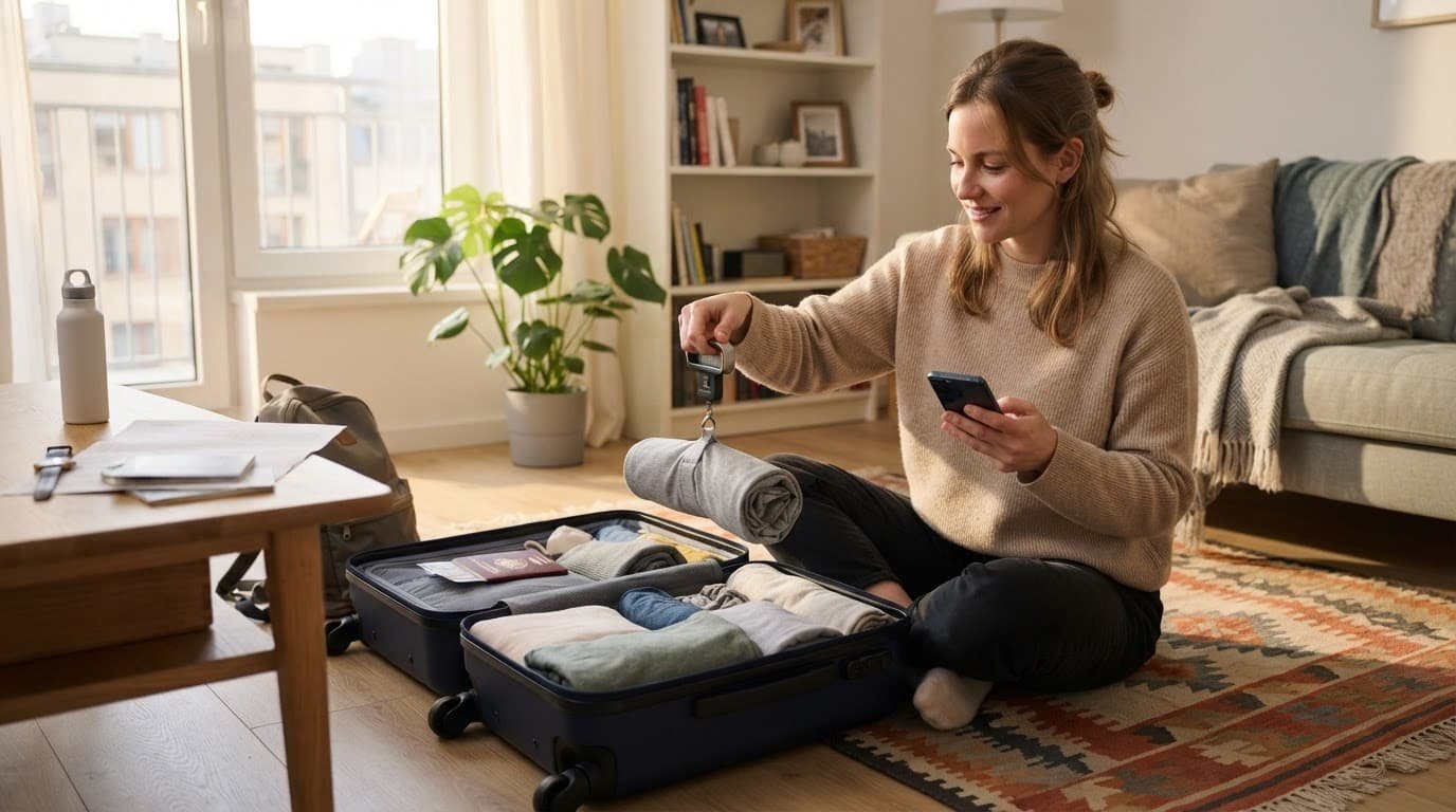 Traveler weighing clothes beside an open carry-on and checking a phone in a bright apartment.