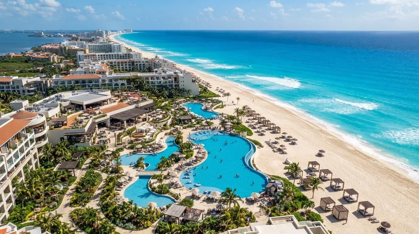 Aerial view of a Cancun resort with pools, palm trees, and a sandy beach.