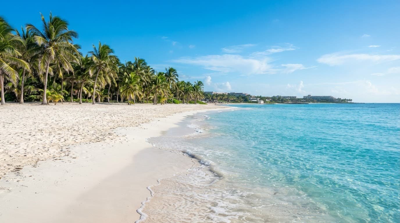 A clear Cancun beach with white sand, turquoise water, palm trees, and blue sky.