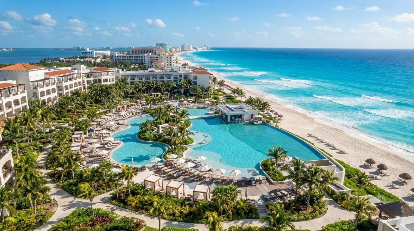A luxury resort pool with lounge chairs and palm trees beside bright blue Caribbean water in Cancun.
