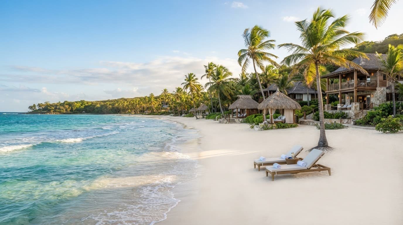 White sand beach with turquoise waves, palm trees, and a thatched resort cabana.