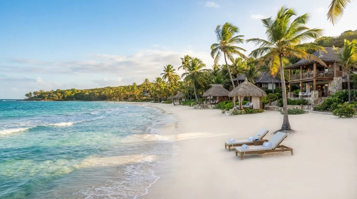 White sand beach with turquoise waves, palm trees, and a thatched resort cabana.