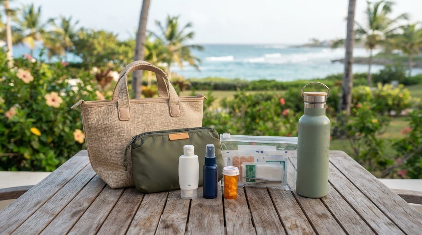 Organized beach bag with sunscreen, first-aid supplies, medication, and a water bottle.