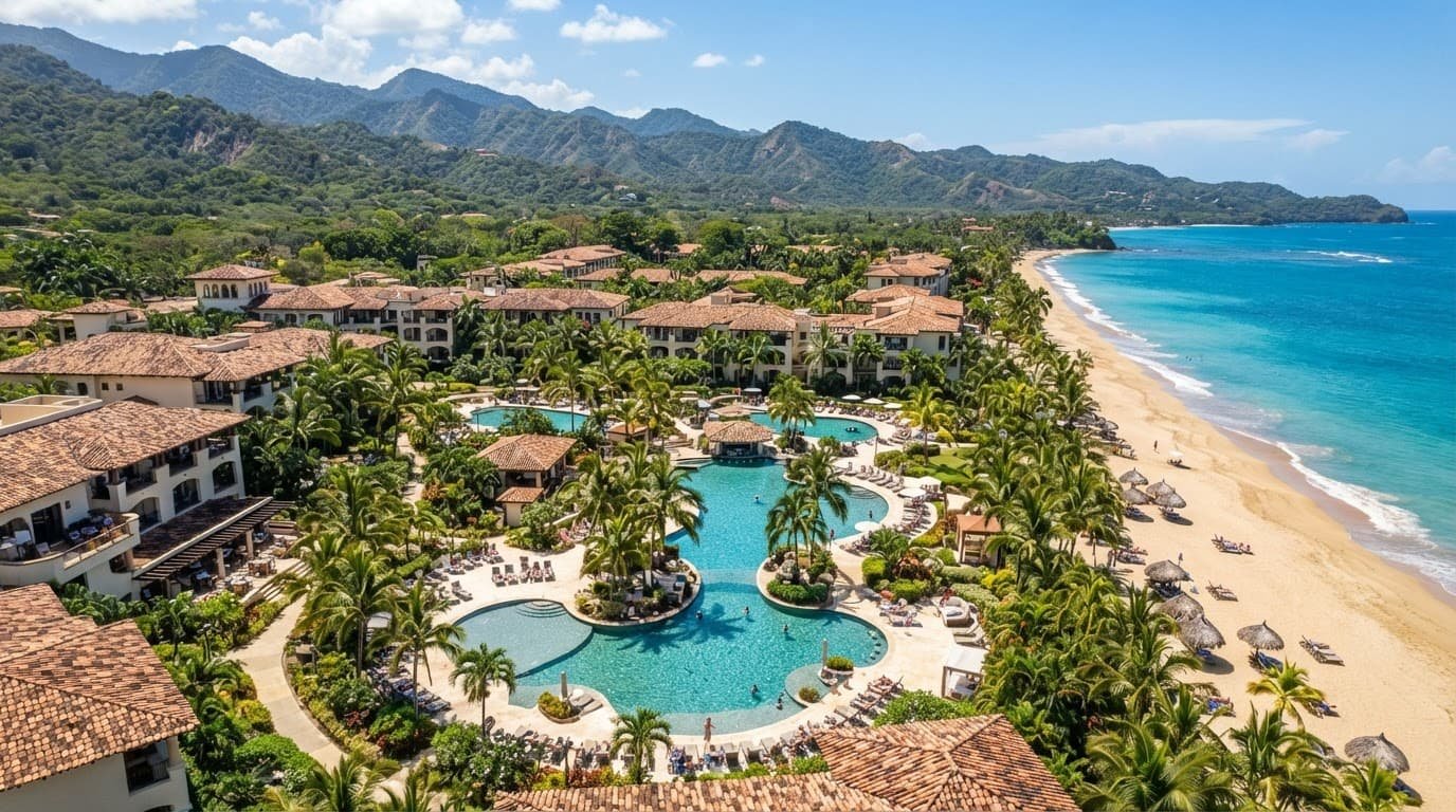 A tropical resort with curved pools, palm trees, a sandy beach, and turquoise Caribbean water.