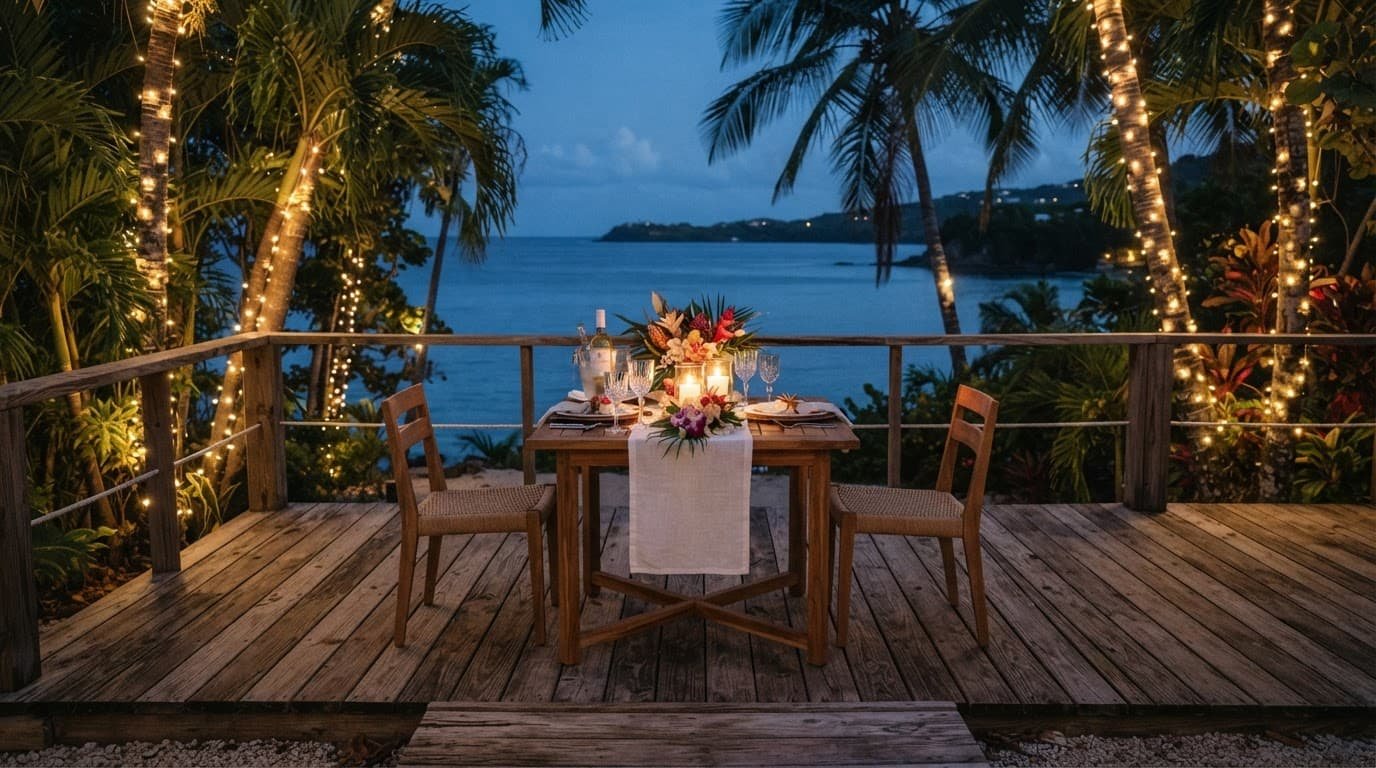 Candlelit dinner table with wine overlooking blue Caribbean water at twilight.
