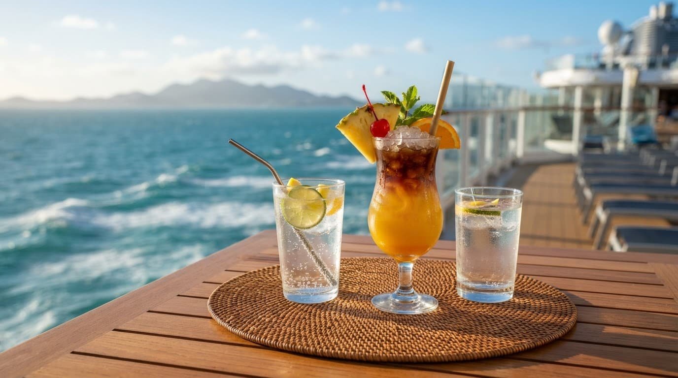 A tropical cocktail and sparkling water on a cruise ship deck overlooking the ocean.