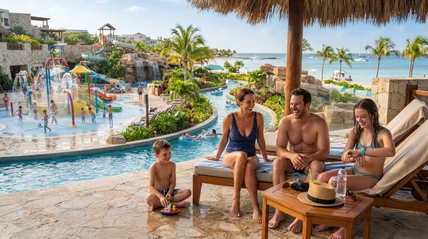 Family of four relaxing beside a Caribbean resort pool with water features and palm trees.