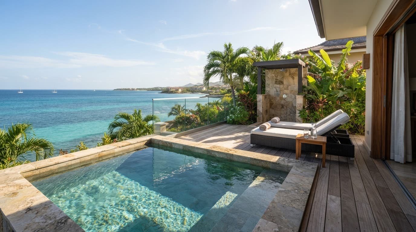 A small private plunge pool terrace with loungers, an outdoor shower, palms, and ocean views.