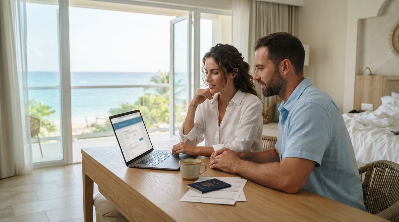 A couple checks a laptop beside coffee and a passport overlooking the turquoise sea.