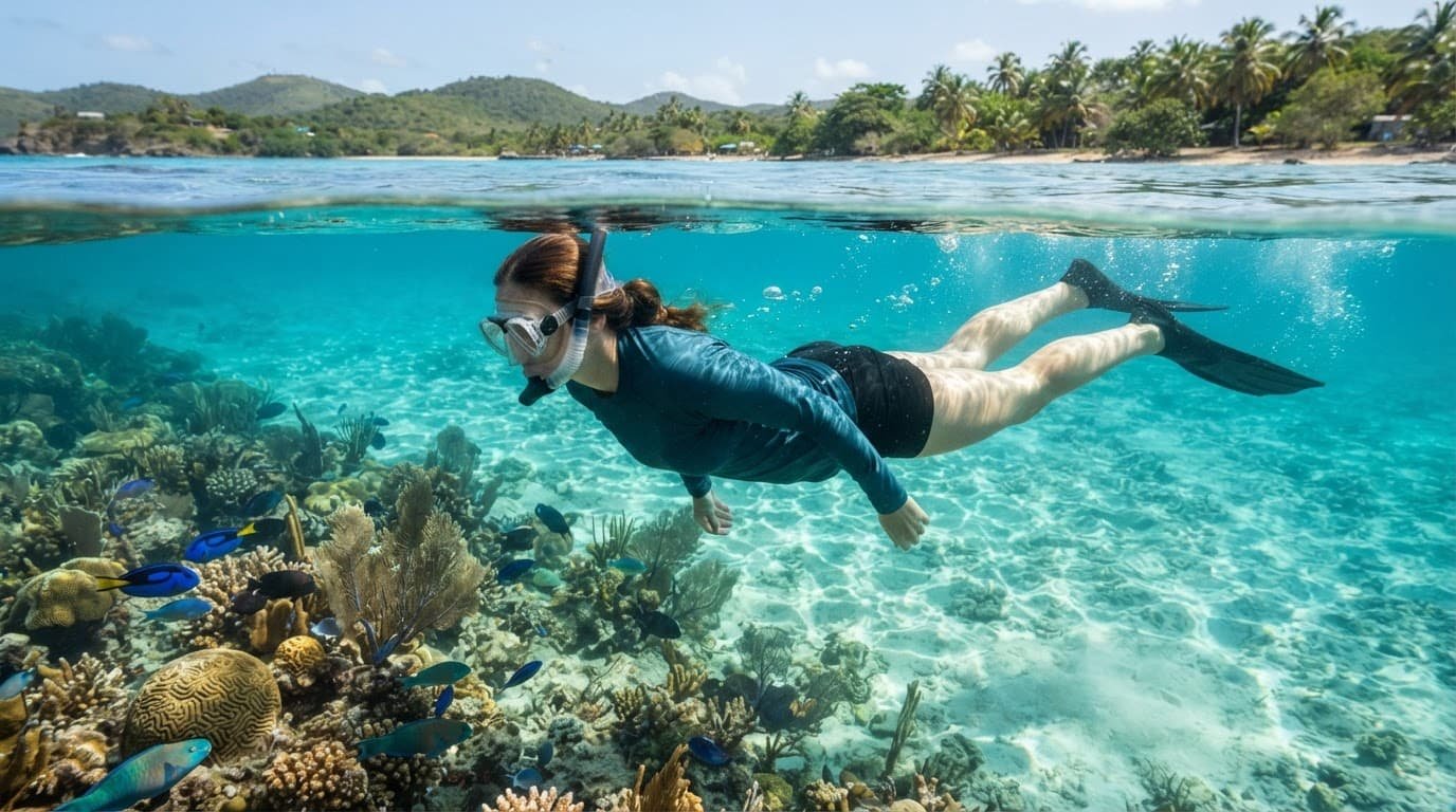 A traveler snorkeling above a colorful coral reef in shallow Caribbean water.