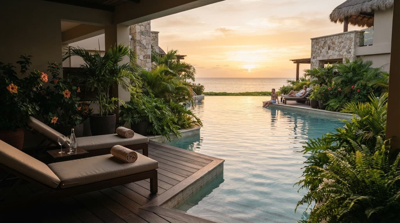A resort terrace overlooks a pool, tropical plants, and two adults by sunset.