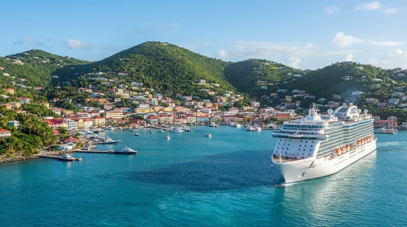 A cruise ship nears Charlotte Amalie harbor across turquoise water and green hills.