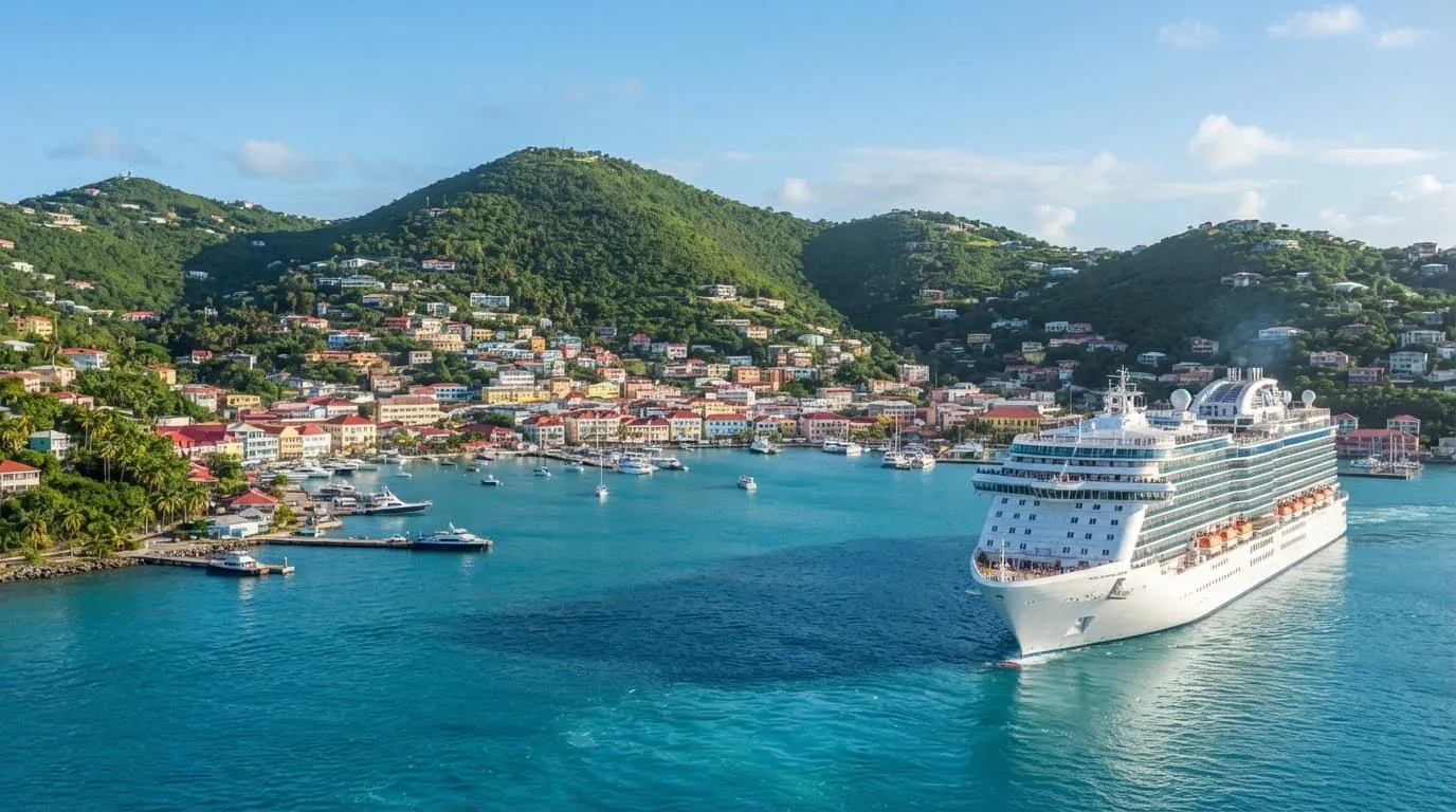 A cruise ship nears Charlotte Amalie harbor across turquoise water and green hills.