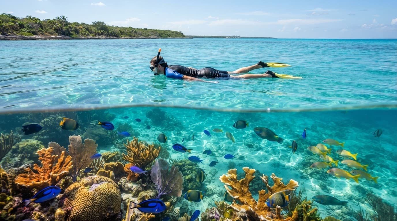 A lone snorkeler floats above a colorful coral reef with fish below.