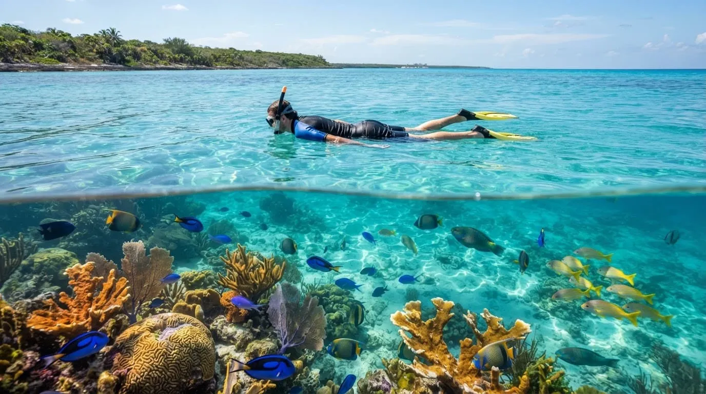 A lone snorkeler floats above a colorful coral reef with fish below.