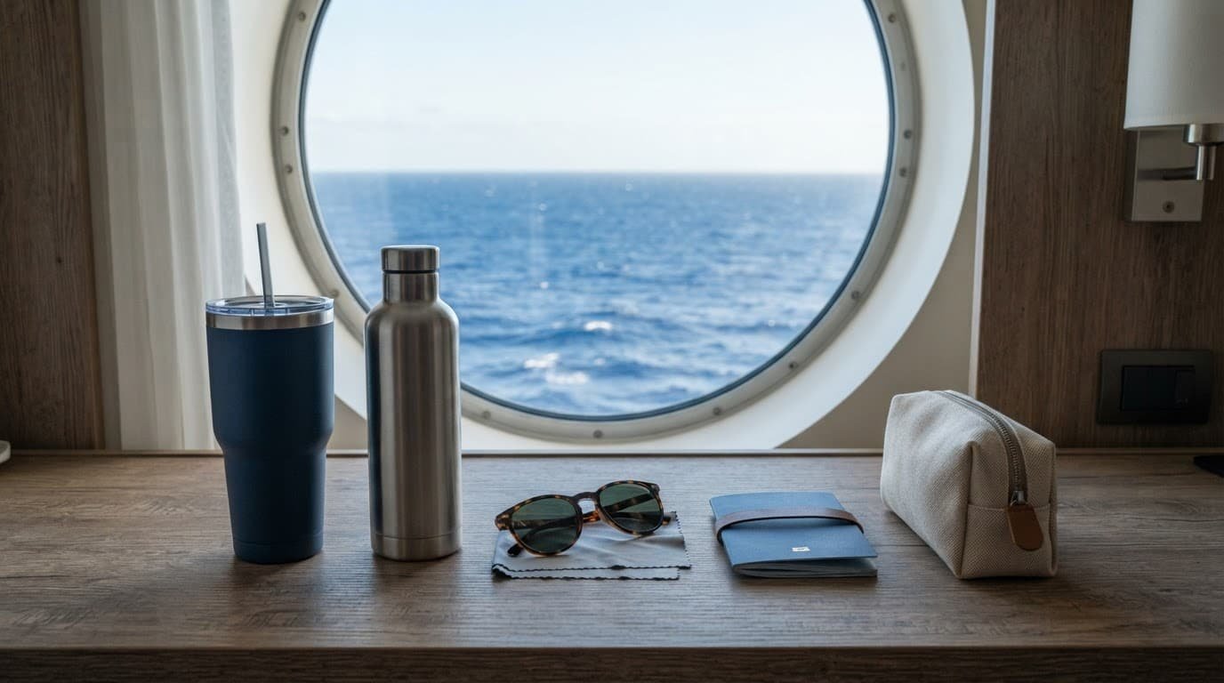 Cruise cabin desk with reusable drinkware, sunglasses, passport, and travel pouch by an ocean view.