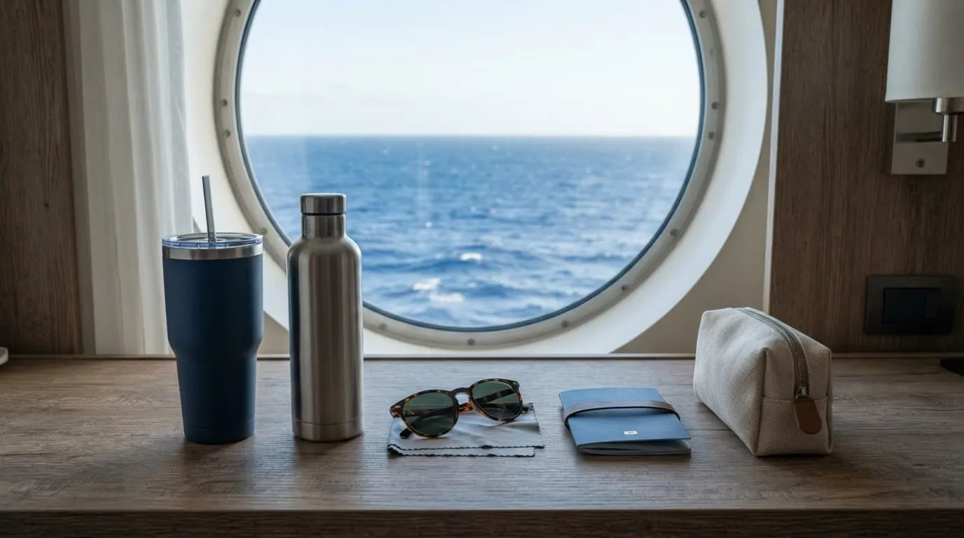 Cruise cabin desk with reusable drinkware, sunglasses, passport, and travel pouch by an ocean view.