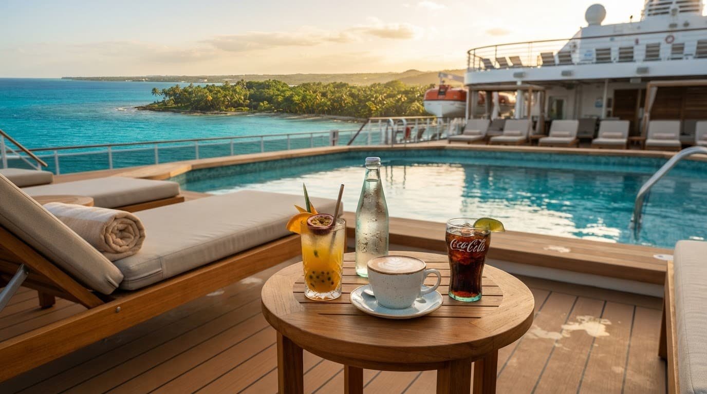Drinks sit on a cruise deck table with turquoise sea and a palm-covered island behind them.
