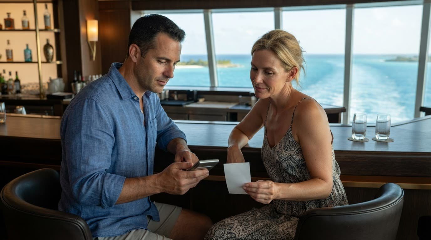 Two travelers compare a blank receipt and calculator at a ship bar overlooking the ocean.