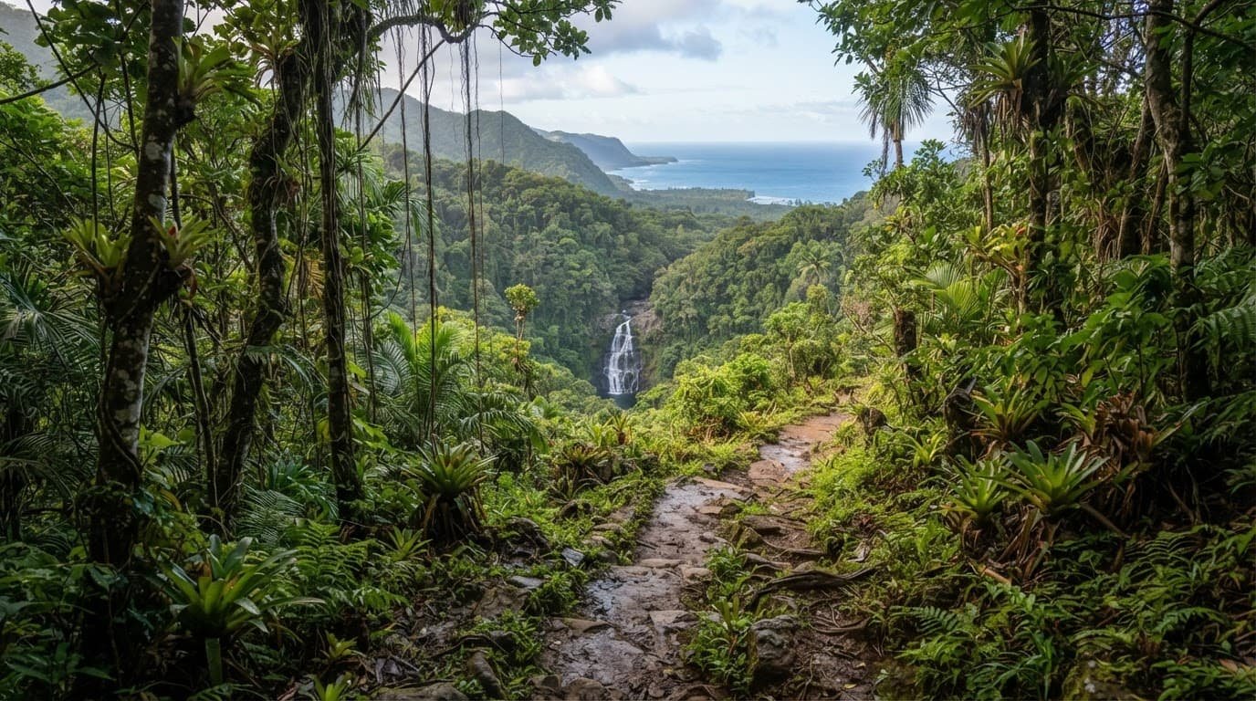 Rainforest trail leading to a waterfall and ocean view in El Yunque.
