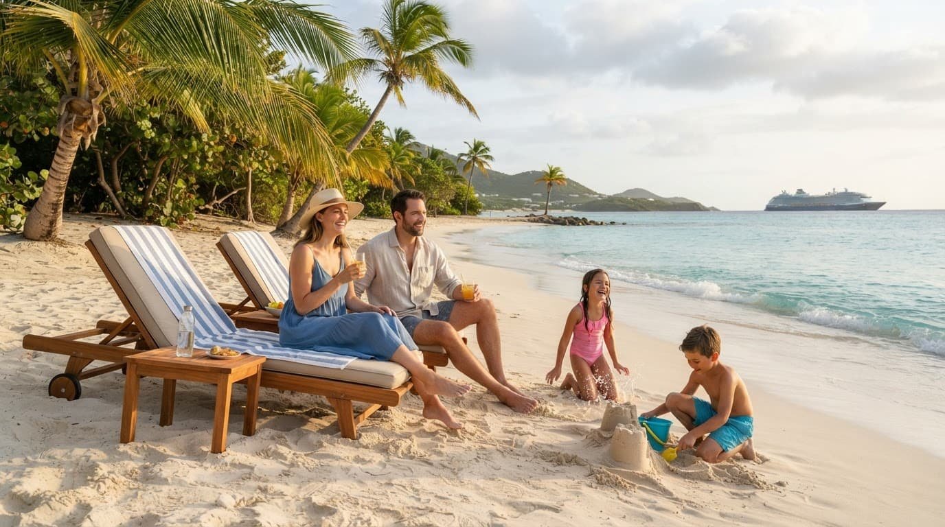 A family of four relaxing on a white-sand beach with palm trees and a distant cruise ship.