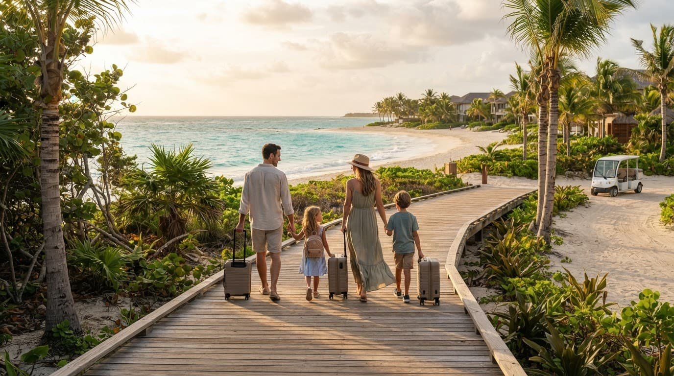 A family of four walks with small bags toward a tropical beach.