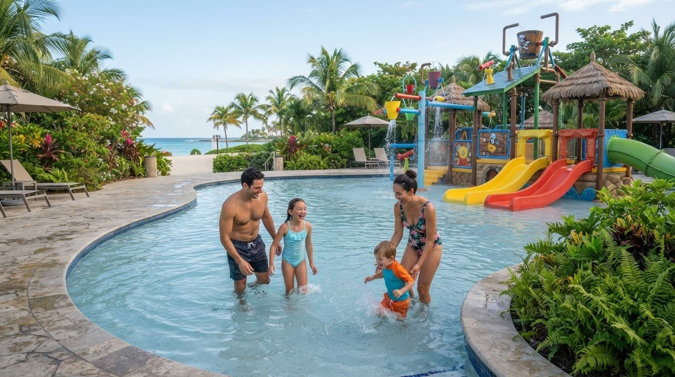A family of four relaxing beside a Caribbean pool and pirate-themed kids' water playground.