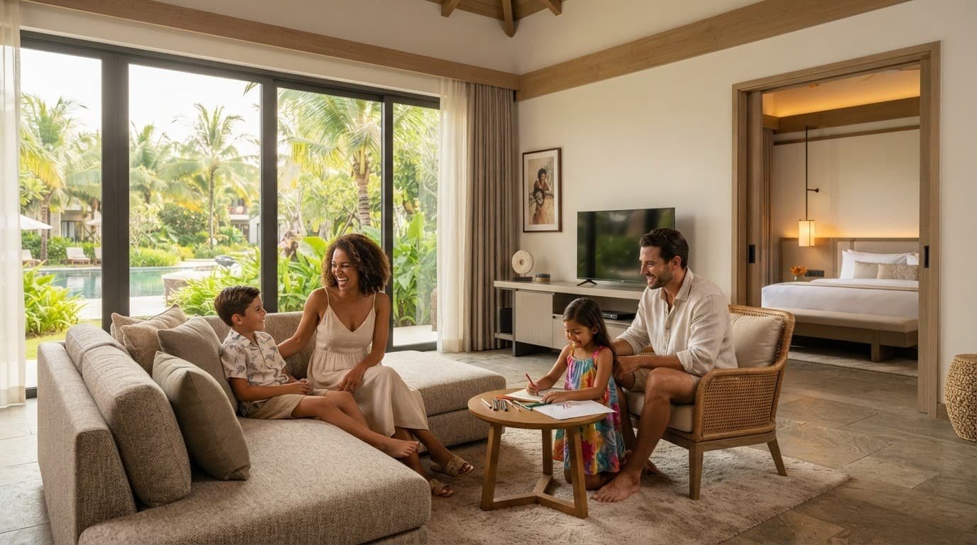 Two adults and two children relax in a bright suite overlooking a tropical garden.