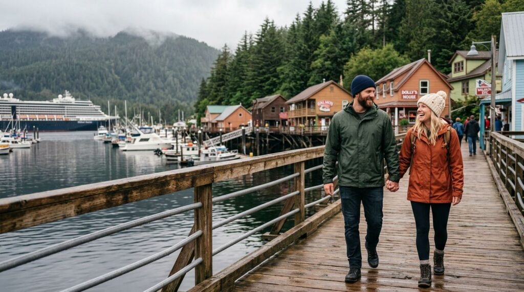 Couple walking along a Ketchikan boardwalk with cabins, mountains, harbor, and a cruise ship behind them.