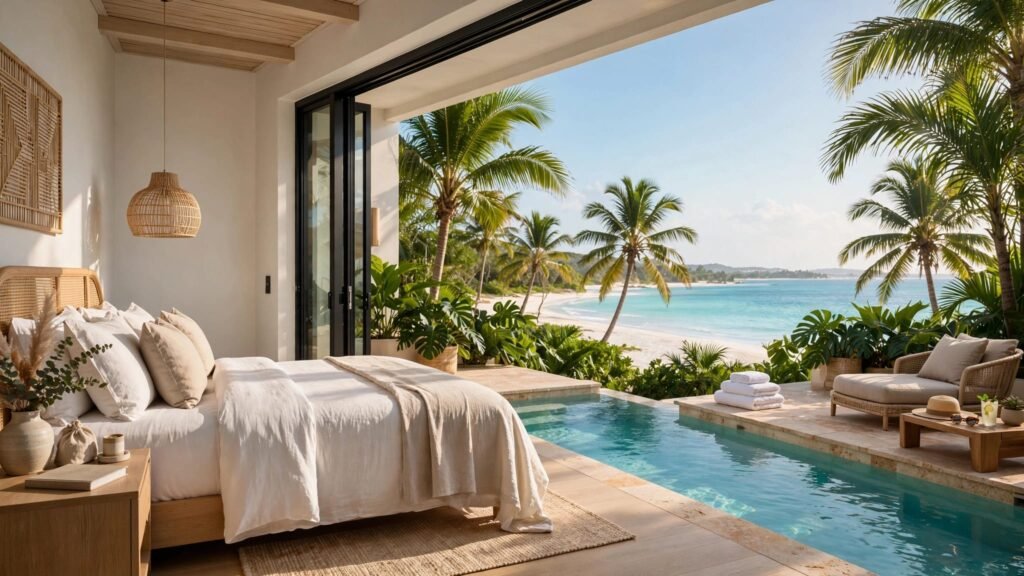 An elegant resort bedroom opens onto an ocean-view balcony and turquoise pool.
