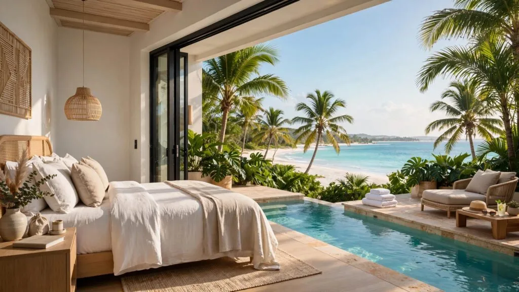 An elegant resort bedroom opens onto an ocean-view balcony and turquoise pool.