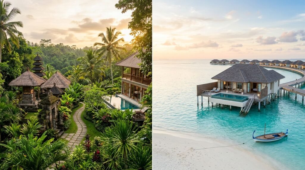 Split view of a Bali temple and villa beside a Maldives overwater villa and lagoon.