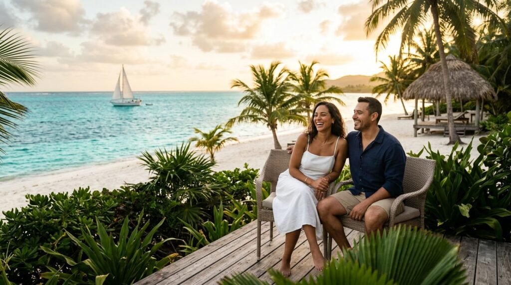 A couple relaxes on a Belize resort deck overlooking turquoise water and a sandy beach.