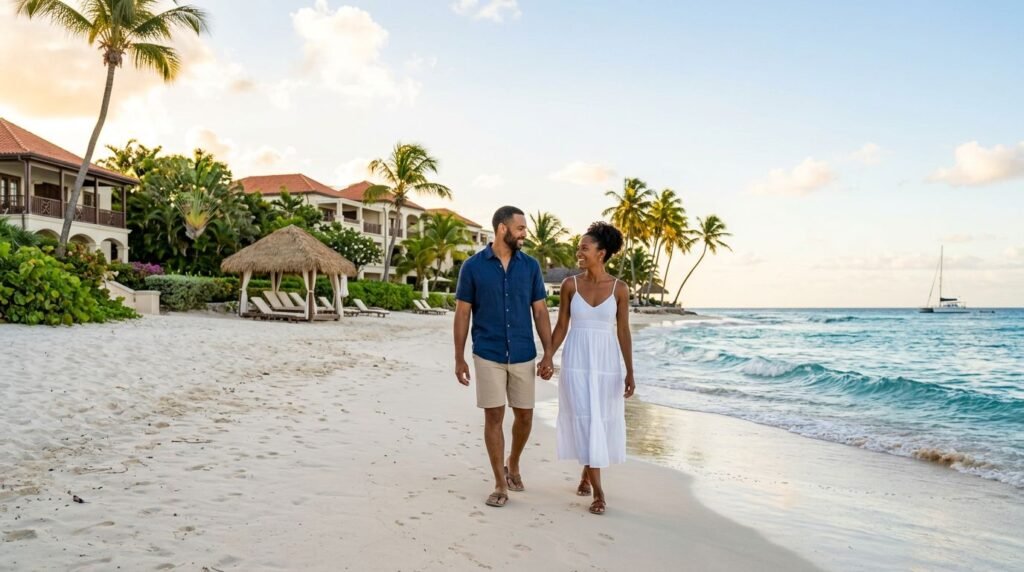 A couple strolls beside a Barbados resort with palms, turquoise water, and a sailboat.