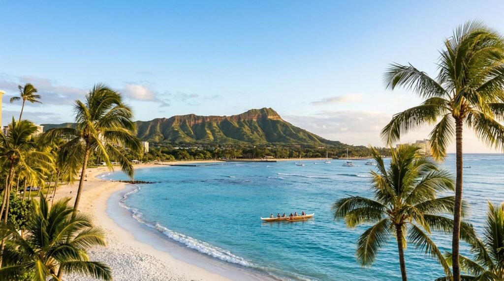 Waikiki Beach with turquoise waves, palm trees, an outrigger canoe, and Diamond Head at sunset.