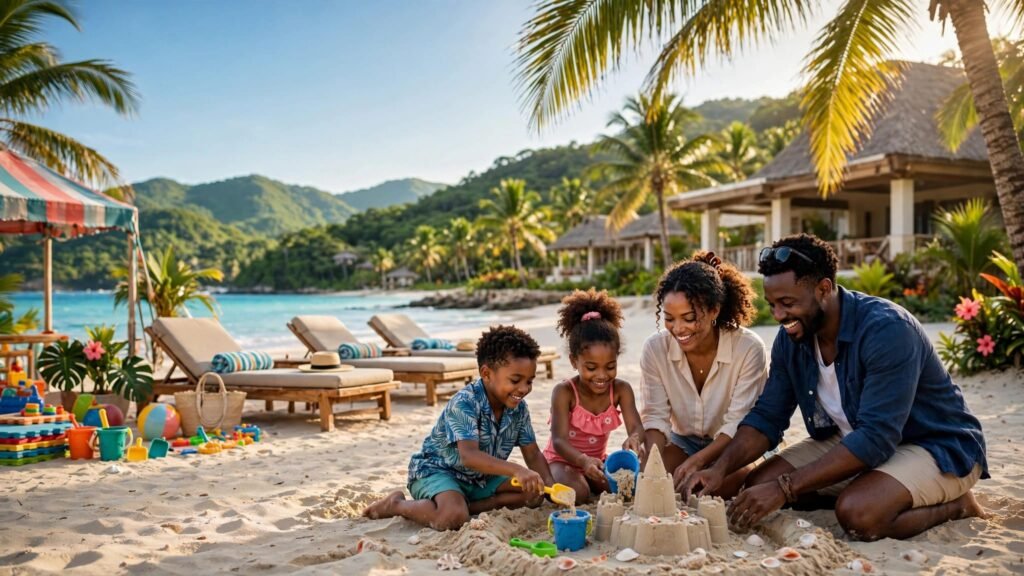 A multigenerational family builds a sandcastle beside a Jamaican resort beach.