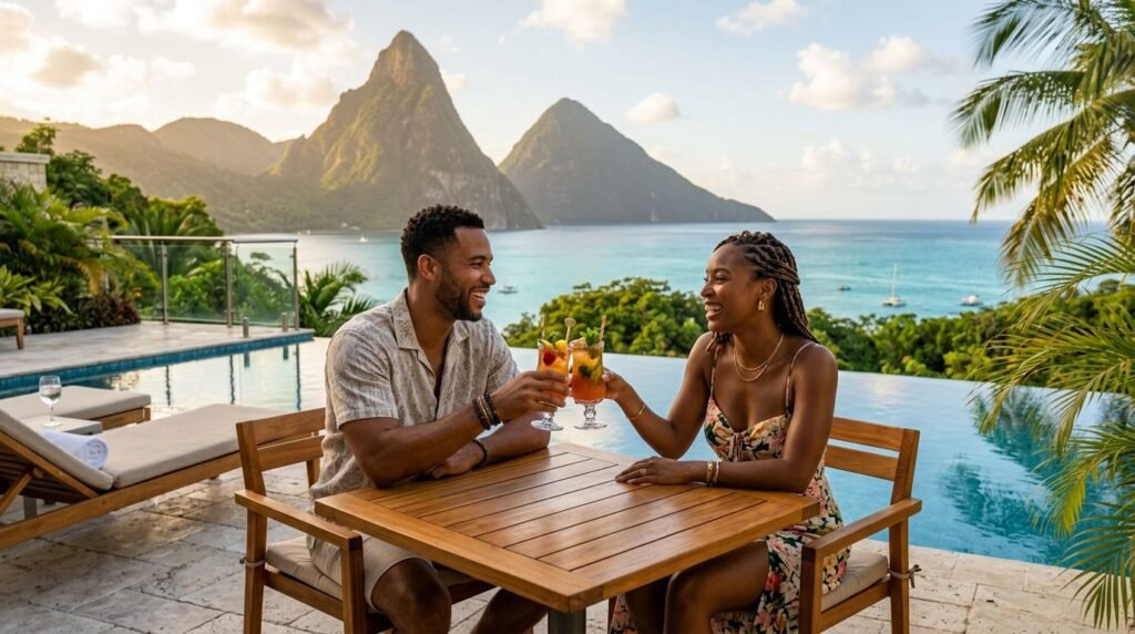 A couple enjoys drinks on a resort terrace overlooking the sea and Pitons.