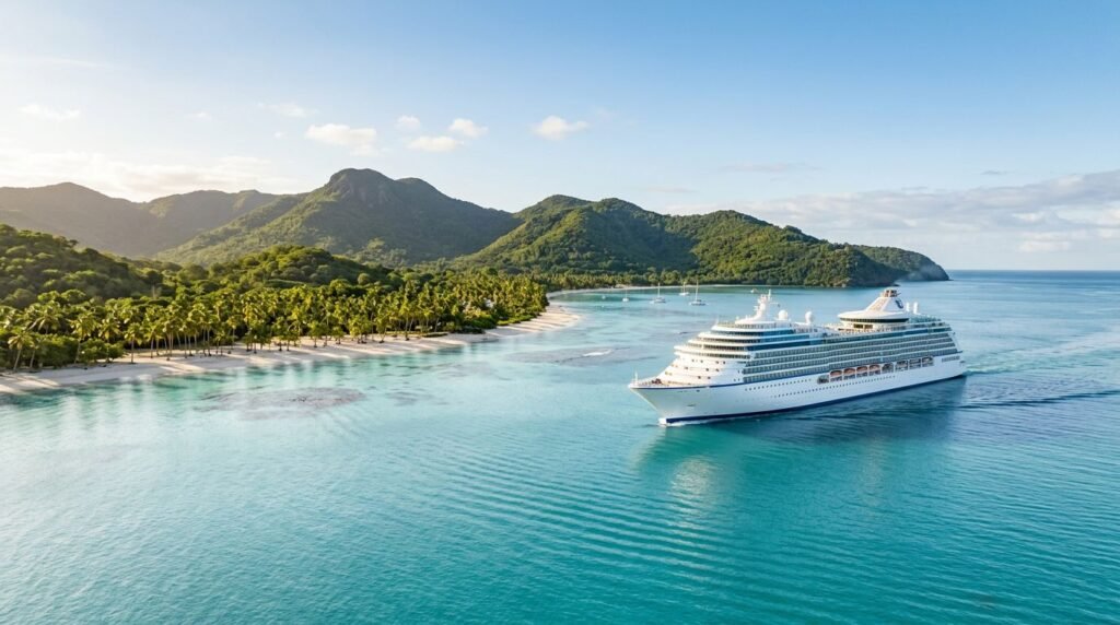 White cruise ship sailing on calm turquoise water near a tropical island.