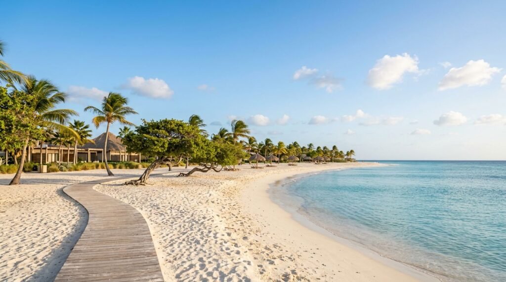 Quiet Aruba beach with turquoise water, palm trees, and a distant resort.
