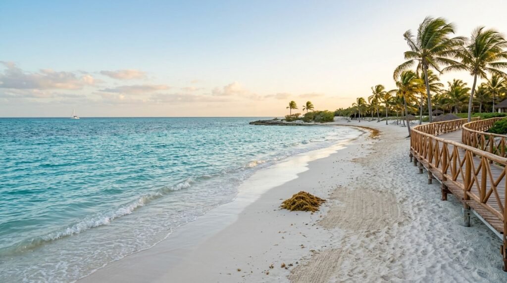 Cancun beach at sunrise with palms, a boardwalk, clear water, and a small seaweed patch.