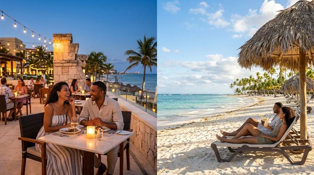 A couple enjoys a lively Cancun dinner scene beside a quiet Punta Cana beach.