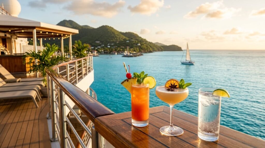 Two cocktails and sparkling water overlook a turquoise Caribbean sea.