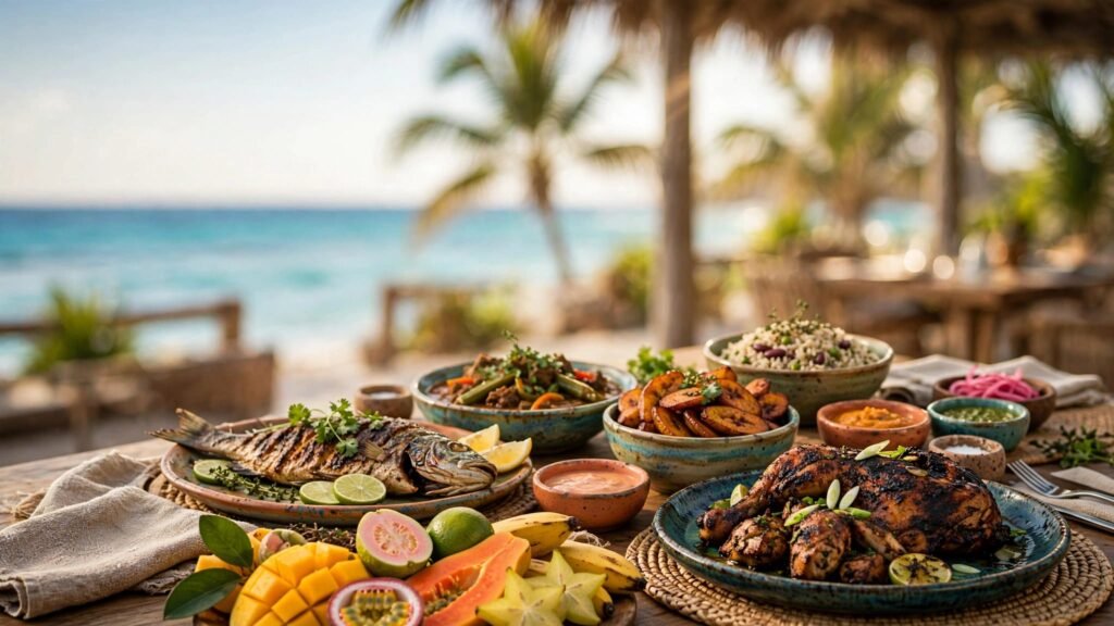 A Caribbean meal with grilled fish, jerk chicken, plantains, and tropical fruit by the ocean.