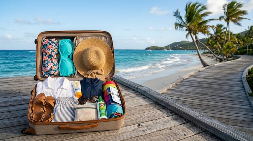 Open suitcase packed with beach clothing and travel essentials beside a Caribbean ocean.